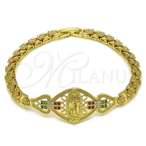Oro Laminado Fancy Bracelet, Gold Filled Style Guadalupe and Flower Design, with Multicolor Cubic Zirconia, Polished, Golden Finish, 03.283.0402.07 (06 MM Thickness, 7 Inches Length)