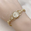 Oro Laminado Fancy Bracelet, Gold Filled Style Guadalupe and Butterfly Design, with White Cubic Zirconia, Polished, Golden Finish, 03.283.0404.07 (06 MM Thickness, 7 Inches Length)