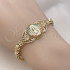 Oro Laminado Fancy Bracelet, Gold Filled Style Guadalupe and Heart Design, with Multicolor Cubic Zirconia, Polished, Golden Finish, 03.283.0404.1.07 (06 MM Thickness, 7 Inches Length)