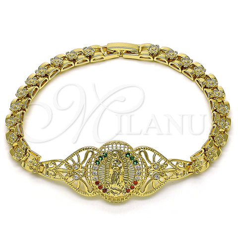 Oro Laminado Fancy Bracelet, Gold Filled Style Guadalupe and Heart Design, with Multicolor Cubic Zirconia, Polished, Golden Finish, 03.283.0404.1.07 (06 MM Thickness, 7 Inches Length)