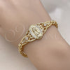 Oro Laminado Fancy Bracelet, Gold Filled Style Guadalupe and Flower Design, with White Cubic Zirconia, Polished, Golden Finish, 03.283.0407.07 (06 MM Thickness, 8 Inches Length)
