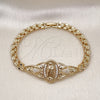 Oro Laminado Fancy Bracelet, Gold Filled Style Guadalupe and Flower Design, with White Cubic Zirconia, Polished, Golden Finish, 03.283.0407.07 (06 MM Thickness, 8 Inches Length)
