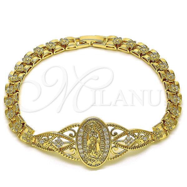 Gold Filled Bracelet — Fancy Bracelet Guadalupe and Flower Design with White — main product view — SKU 156085 | Oro Laminado brazalete — elegante Bracelet Guadalupe and flor diseño with blanco — SKU 156085