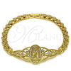 Oro Laminado Fancy Bracelet, Gold Filled Style Guadalupe and Flower Design, with White Cubic Zirconia, Polished, Golden Finish, 03.283.0407.07 (06 MM Thickness, 8 Inches Length)