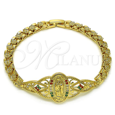 Oro Laminado Fancy Bracelet, Gold Filled Style Guadalupe and Heart Design, with Multicolor Cubic Zirconia, Polished, Golden Finish, 03.283.0407.1.07 (06 MM Thickness, 8 Inches Length)