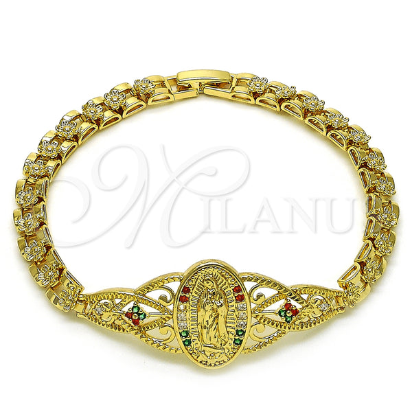 Gold Filled Bracelet — Fancy Bracelet Guadalupe and Heart Design with Multicolor — main product view — SKU 156086 | Oro Laminado brazalete — elegante Bracelet Guadalupe and corazón diseño with Multicolor — SKU 156086