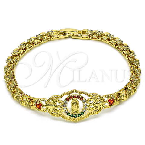 Oro Laminado Fancy Bracelet, Gold Filled Style Guadalupe and Butterfly Design, with Garnet Crystal and Multicolor Cubic Zirconia, Polished, Golden Finish, 03.283.0409.1.07 (06 MM Thickness, 7 Inches Length)