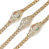 Oro Laminado Fancy Bracelet, Gold Filled Style Guadalupe and Butterfly Design, with Garnet Crystal and Multicolor Cubic Zirconia, Polished, Golden Finish, 03.283.0409.1.07 (06 MM Thickness, 7 Inches Length)