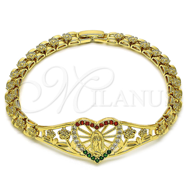 Oro Laminado Fancy Bracelet, Gold Filled Style Guadalupe and Heart Design, with White Cubic Zirconia, Polished, Golden Finish, 03.283.0410.1.07 (06 MM Thickness, 7 Inches Length)