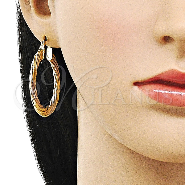 Gold Filled Hoop Earrings — Medium Hoop Twist and Hollow Design Polished Tricolor — alternate product view — SKU 156145 | Oro Laminado aretes de aro — Medium Hoop Twist and Hollow diseño pulido Tricolor — SKU 156145