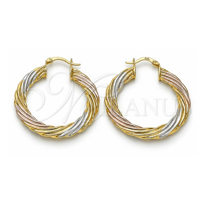Oro Laminado Medium Hoop, Gold Filled Style Twist and Hollow Design, Polished, Tricolor, 02.170.0479.40
