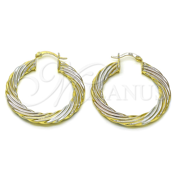 Gold Filled Hoop Earrings — Medium Hoop Twist and Hollow Design Polished Tricolor — main product view — SKU 156145 | Oro Laminado aretes de aro — Medium Hoop Twist and Hollow diseño pulido Tricolor — SKU 156145