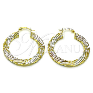 Gold Filled Hoop Earrings — Medium Hoop Twist and Hollow Design Polished Tricolor — main product view — SKU 156145 | Oro Laminado aretes de aro — Medium Hoop Twist and Hollow diseño pulido Tricolor — SKU 156145
