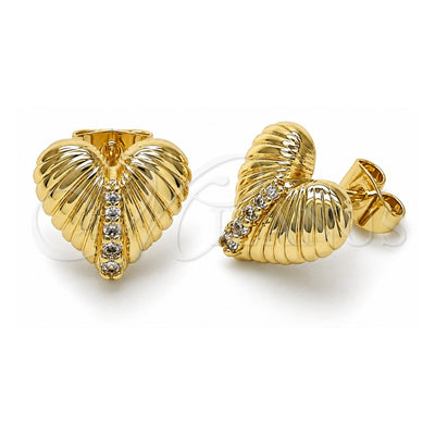 Oro Laminado Stud Earring, Gold Filled Style Heart Design, with White Cubic Zirconia, Polished, Golden Finish, 02.411.0015