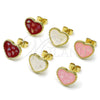 Oro Laminado Stud Earring, Gold Filled Style Heart Design, with Ivory Mother of Pearl, Pink Enamel Finish, Golden Finish, 02.411.0024.1