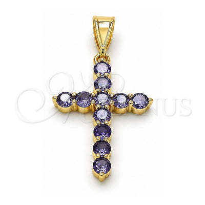 Oro Laminado Religious Pendant, Gold Filled Style Cross Design, with Amethyst Cubic Zirconia, Polished, Golden Finish, 05.253.0183.4