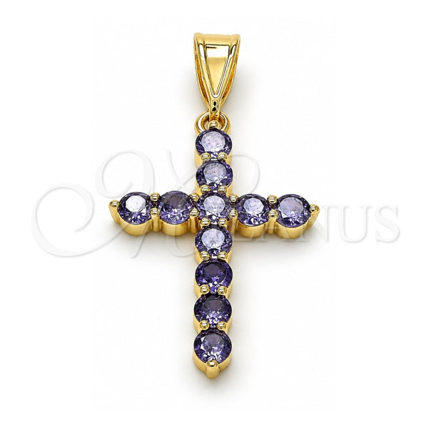 Oro Laminado Religious Pendant, Gold Filled Style Cross Design, with Amethyst Cubic Zirconia, Polished, Golden Finish, 05.253.0183.4