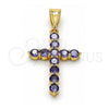 Oro Laminado Religious Pendant, Gold Filled Style Cross Design, with Amethyst Cubic Zirconia, Polished, Golden Finish, 05.253.0183.4