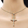 Oro Laminado Religious Pendant, Gold Filled Style Crucifix and Cross Design, with White Cubic Zirconia, Polished, Golden Finish, 05.253.0185