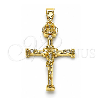 Oro Laminado Religious Pendant, Gold Filled Style Crucifix and Cross Design, with White Cubic Zirconia, Polished, Golden Finish, 05.253.0185