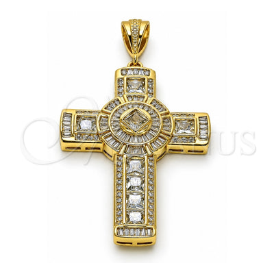 Oro Laminado Religious Pendant, Gold Filled Style Cross Design, with White Cubic Zirconia, Polished, Golden Finish, 05.253.0186