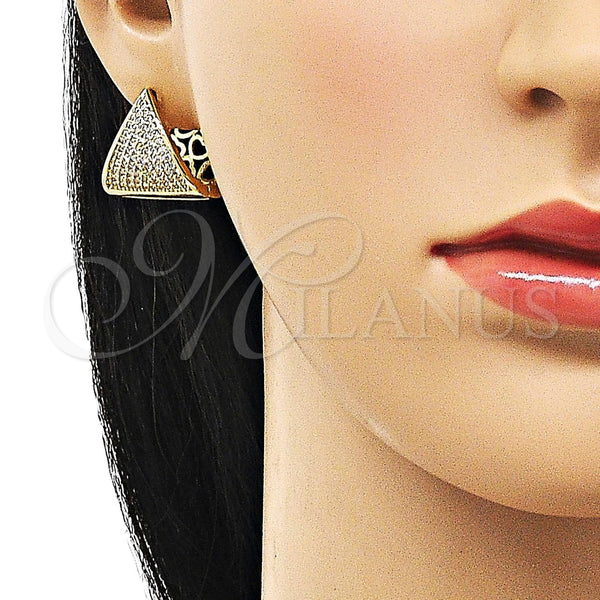 Gold Filled Hoop Earrings — Huggie Hoop Heart Design with White Micro Pave — alternate product view — SKU 156242 | Oro Laminado aretes de aro — Huggie Hoop corazón diseño with blanco Micro Pave — SKU 156242