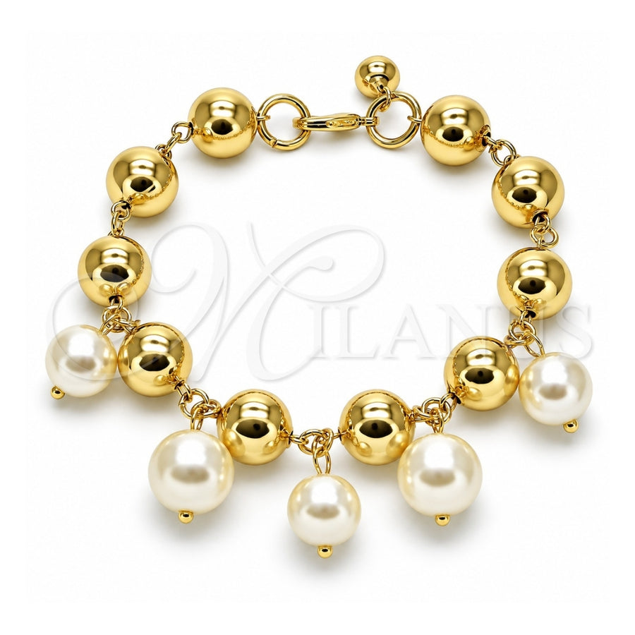 Oro Laminado Charm Bracelet, Gold Filled Style Ball and Hollow Design, with Ivory Pearl, Polished, Golden Finish, 03.331.0310.09 (12 MM Thickness, 9 Inches Length)