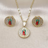 Oro Laminado Earring and Pendant Adult Set, Gold Filled Style Guadalupe Design, with White Cubic Zirconia, Polished, Tricolor, 10.411.0006