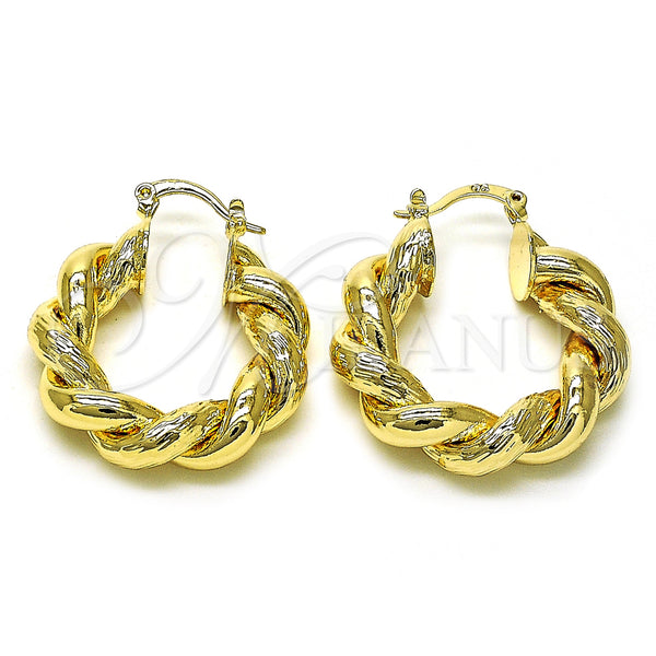 Gold Filled Hoop Earrings — Medium Hoop Twist and Hollow Design Diamond Cutting — main product view — SKU 156264 | Oro Laminado aretes de aro — Medium Hoop Twist and Hollow diseño Diamond Cutting — SKU 156264