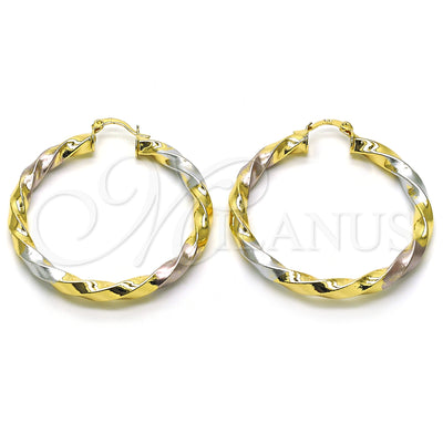 Oro Laminado aretes de aro — Large Hoop Twist and Hollow diseño pulido Tricolor por Mayoreo, vista principal del producto