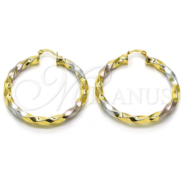 Oro Laminado Large Hoop, Gold Filled Style Twist and Hollow Design, Polished, Tricolor, 02.170.0042.1.50