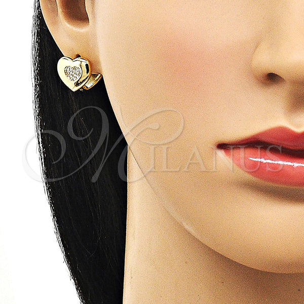Gold Filled Hoop Earrings — Huggie Hoop Heart Design with White Micro Pave — alternate product view — SKU 156269 | Oro Laminado aretes de aro — Huggie Hoop corazón diseño with blanco Micro Pave — SKU 156269