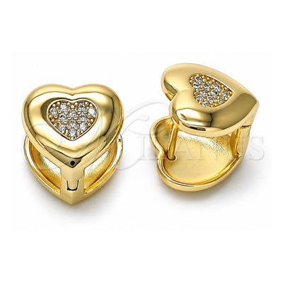 Oro Laminado Huggie Hoop, Gold Filled Style Heart Design, with White Micro Pave, Polished, Golden Finish, 02.204.0001.12