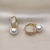 Oro Laminado Huggie Hoop, Gold Filled Style with Ivory Pearl and White Micro Pave, Polished, Golden Finish, 02.204.0003.15