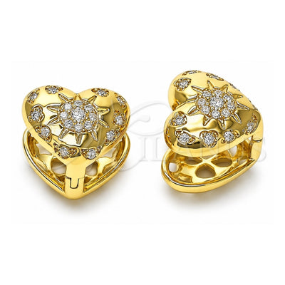 Oro Laminado Huggie Hoop, Gold Filled Style Heart and Sun Design, with White Cubic Zirconia, Polished, Golden Finish, 02.213.0695.15