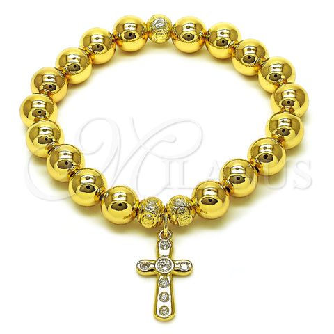 Oro Laminado Fancy Bracelet, Gold Filled Style Ball and Hollow Design, with White Cubic Zirconia, Polished, Golden Finish, 03.213.0279.08 (10 MM Thickness, 8 Inches Length)