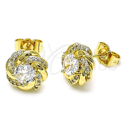 Oro Laminado Stud Earring, Gold Filled Style Twist and Cluster Design, with White Cubic Zirconia and White Micro Pave, Polished, Golden Finish, 02.411.0035