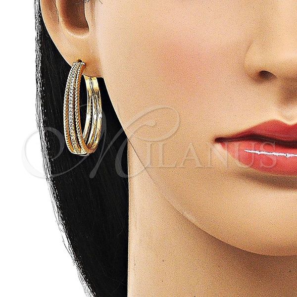 Gold Filled Hoop Earrings — Huggie Hoop Twist Design with White Micro Pave — alternate product view — SKU 156375 | Oro Laminado aretes de aro — Huggie Hoop Twist diseño with blanco Micro Pave — SKU 156375