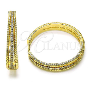 Gold Filled Hoop Earrings — Huggie Hoop Twist Design with White Micro Pave — main product view — SKU 156375 | Oro Laminado aretes de aro — Huggie Hoop Twist diseño with blanco Micro Pave — SKU 156375