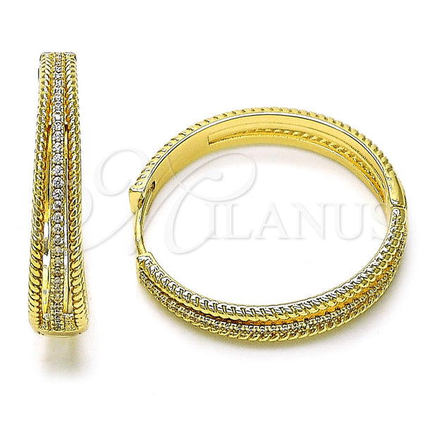 Gold Filled Hoop Earrings — Huggie Hoop Twist Design with White Micro Pave — main product view — SKU 156375 | Oro Laminado aretes de aro — Huggie Hoop Twist diseño with blanco Micro Pave — SKU 156375