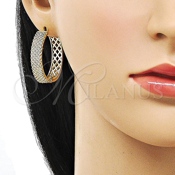 Gold Filled Hoop Earrings — Huggie Hoop Filigree Design with White Micro Pave — alternate product view — SKU 156376 | Oro Laminado aretes de aro — Huggie Hoop Filigree diseño with blanco Micro Pave — SKU 156376