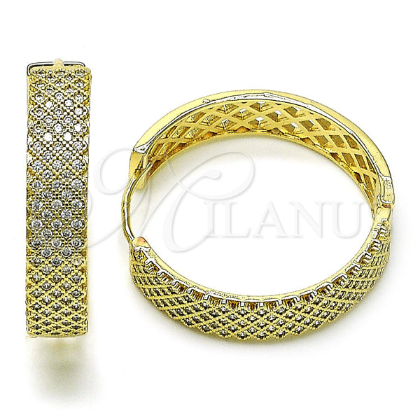 Gold Filled Hoop Earrings — Huggie Hoop Filigree Design with White Micro Pave — main product view — SKU 156376 | Oro Laminado aretes de aro — Huggie Hoop Filigree diseño with blanco Micro Pave — SKU 156376