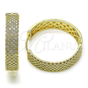 Gold Filled Hoop Earrings — Huggie Hoop Filigree Design with White Micro Pave — main product view — SKU 156376 | Oro Laminado aretes de aro — Huggie Hoop Filigree diseño with blanco Micro Pave — SKU 156376