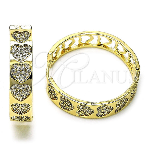 Gold Filled Hoop Earrings — Huggie Hoop Heart Design with White Micro Pave — main product view — SKU 156384 | Oro Laminado aretes de aro — Huggie Hoop corazón diseño with blanco Micro Pave — SKU 156384