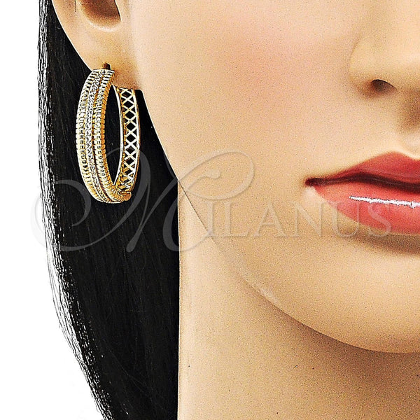 Gold Filled Hoop Earrings — Huggie Hoop Twist Design with White Micro Pave — alternate product view — SKU 156392 | Oro Laminado aretes de aro — Huggie Hoop Twist diseño with blanco Micro Pave — SKU 156392