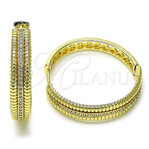Gold Filled Hoop Earrings — Huggie Hoop Twist Design with White Micro Pave — main product view — SKU 156392 | Oro Laminado aretes de aro — Huggie Hoop Twist diseño with blanco Micro Pave — SKU 156392