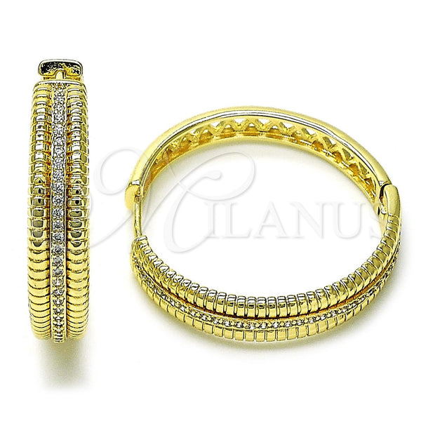 Gold Filled Hoop Earrings — Huggie Hoop Twist Design with White Micro Pave — main product view — SKU 156392 | Oro Laminado aretes de aro — Huggie Hoop Twist diseño with blanco Micro Pave — SKU 156392