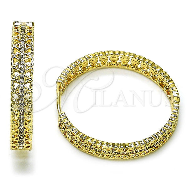 Gold Filled Hoop Earrings — Huggie Hoop Heart Design with White Micro Pave — main product view — SKU 156395 | Oro Laminado aretes de aro — Huggie Hoop corazón diseño with blanco Micro Pave — SKU 156395