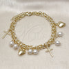 Oro Laminado Charm Bracelet, Gold Filled Style Rolo and Heart Design, with Ivory Pearl, Polished, Golden Finish, 03.213.0283.07 (22 MM Thickness, 7 Inches Length)