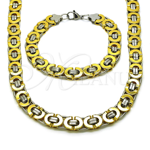 Stainless Steel Necklace and Bracelet, Greek Key Design, Polished, Two Tone, 06.363.0035.1.24